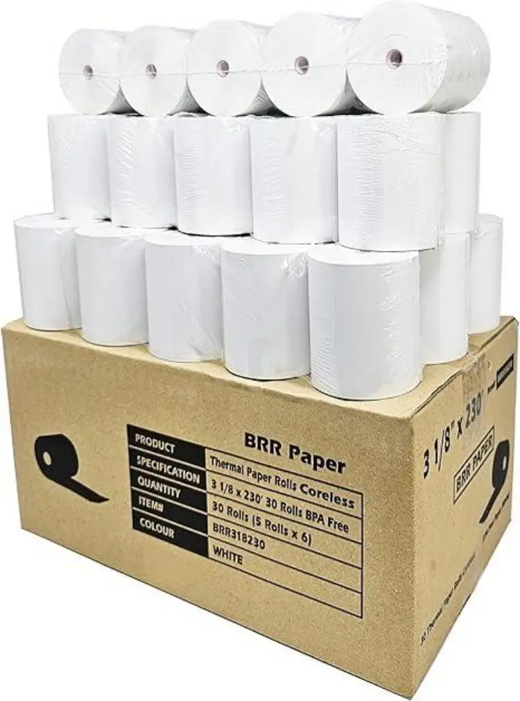 (30 rollos sin núcleo - 50 GSM) 3 rollos de recibos de papel térmico de 1/8 x 230 se adaptan a todas las impresoras de cajas registradoras POS Clover