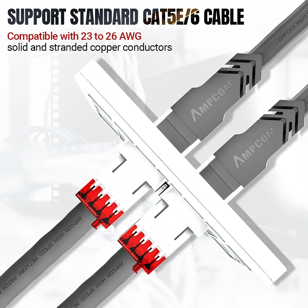 AMPCOM CAT6 Keystone Jack Slim Type, 1/ 10Gbps Krone Type Snageless RJ45 Module Connetor, 50U Gold Plated UTP 180-degree Plug