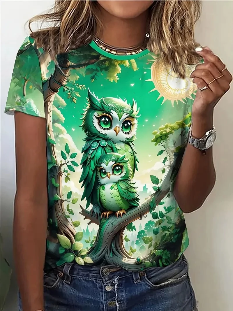 Damska koszulka PLUS z krótkim rękawem i okrągłym dekoltem z nadrukiem 3D sowy i liści, luźna i swobodna, wygodna i oddychająca do sportów na świeżym powietrzu