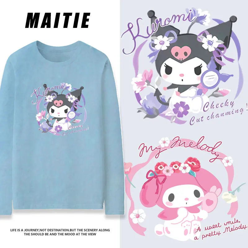 

Japanese Sweet Sanrio Long sleeved T-shirt for Women 2023 New Spring and Autumn Jade Guigou Melody Kuromi Fashion