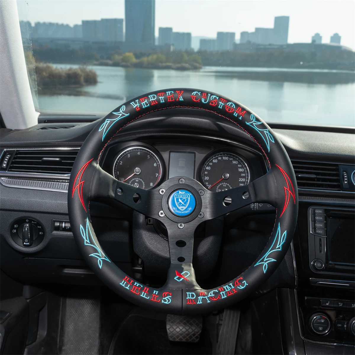 VERTEX JDM 330MM Racing Steering Wheel Blue Leather Star Design 90mm Deep Concave Sport Steering Wheel with Blue Embroidery