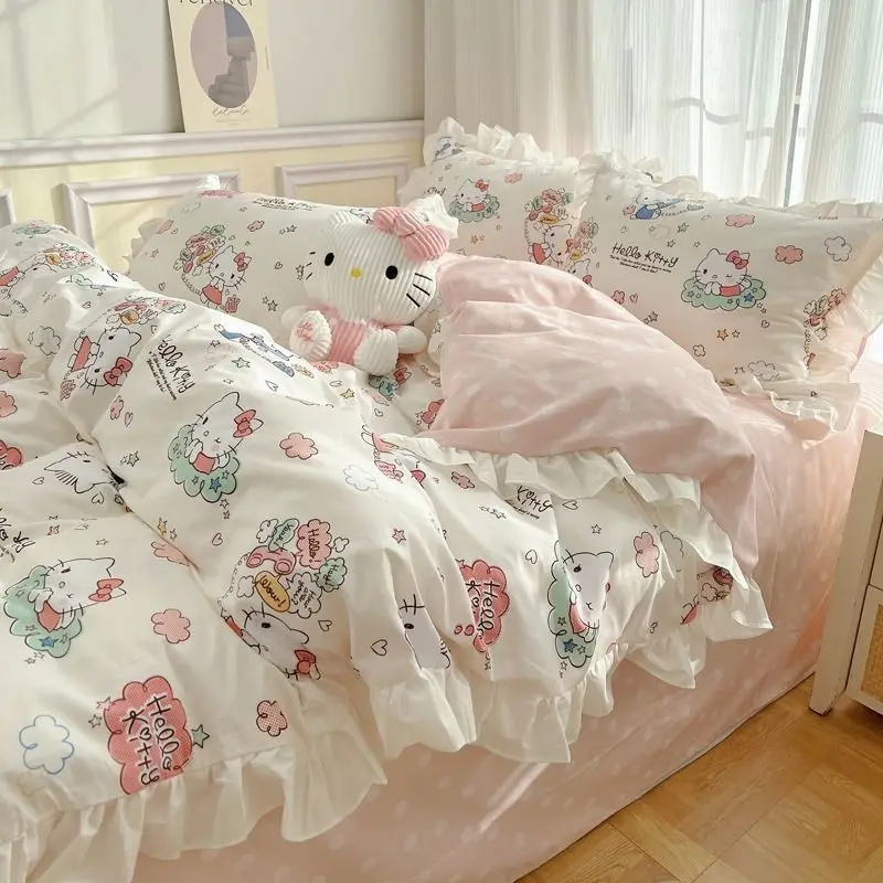 sanrio series Hello Kitty anime cartoon pure cotton bed set kawaii princess style bed sheet quilt cover three-piece gift set