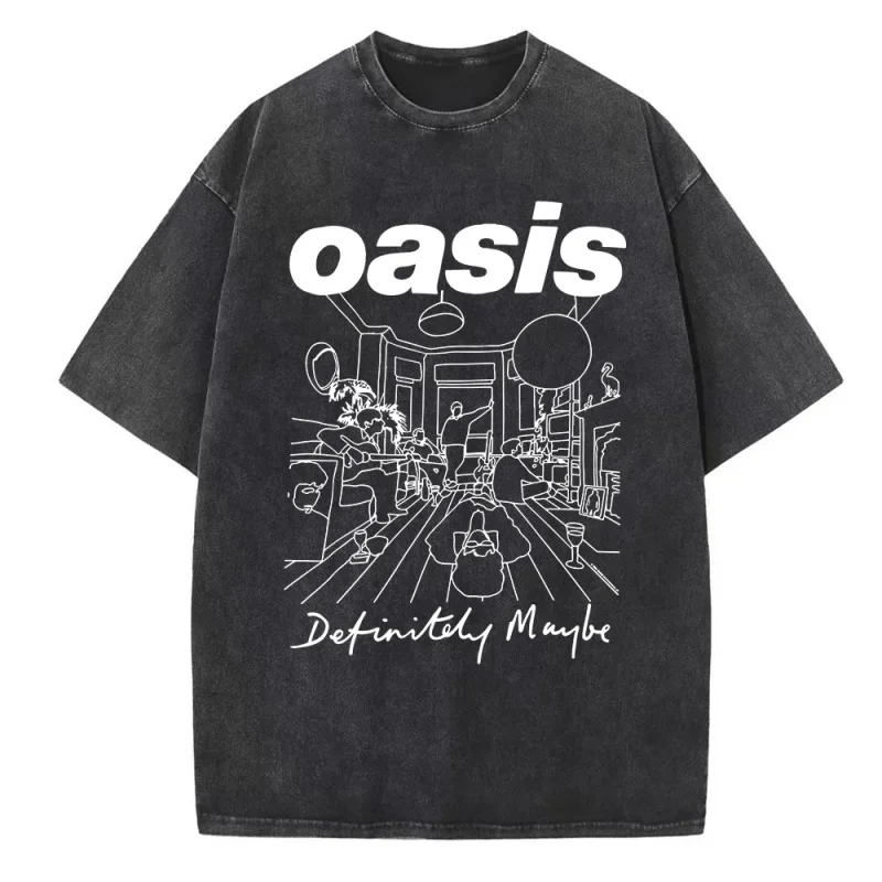 American Trend Short Sleeved Oasis Live 25 Rock Band Washed Retro T-Shirt Round Men'S Unisex Pure Cotton Oversized Loose Top