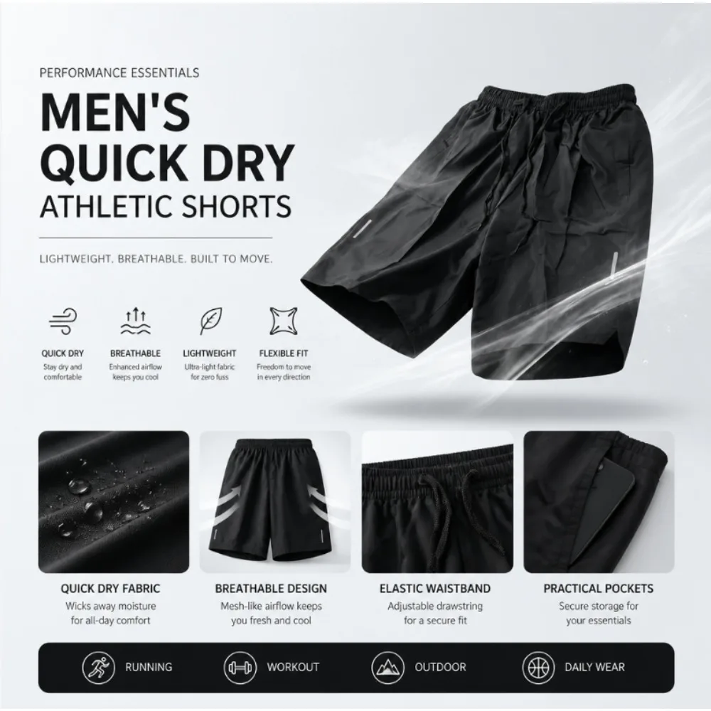 One Size Men Polyester Quick Dry Athletic Shorts Elastic Drawstring Zipper Pockets Jogging Workout Running Sport Shorts