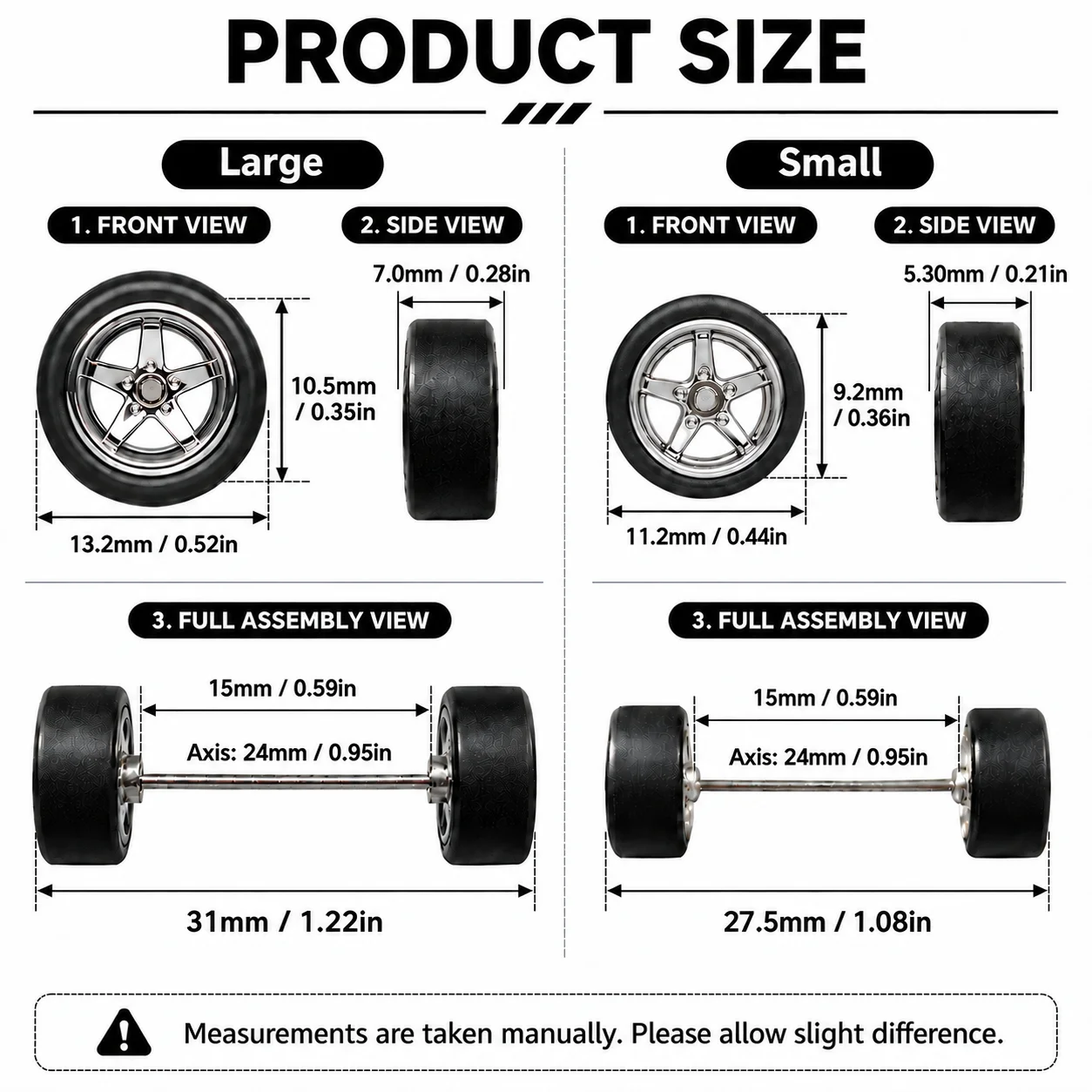 1/64 Scale Model Car Wheels Set Detachable Rubber Tires DIY Modification Large and Small Wheels Models Accessories 11.2mm