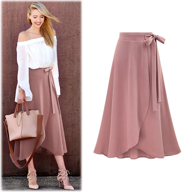 

New Fashion Spring Summer High Waist Skirt Dress Irregular Solid Color Loose Lace Up Skirt Women Long Casual Beach Slit Skirt