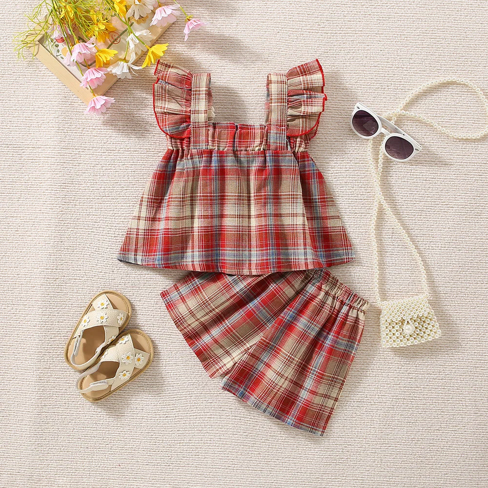 Two Piece Set Of Summer New Flying Sleeve Plaid Baby Fashionable Sleeveless Top And Matching Plaid Shorts For Little Girls