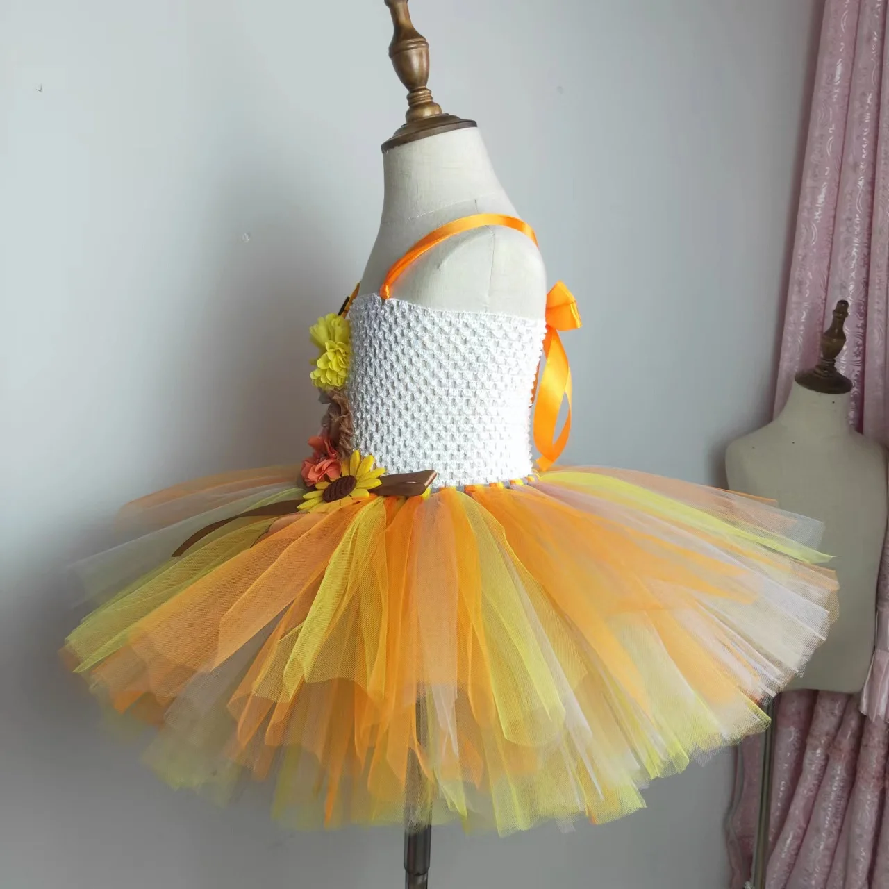 Orange Gold Sunflower Girl Tutu Dress for Kids Fall Autumn Halloween Costumes Girls Fairy Princess Dresses Children Birthday Out