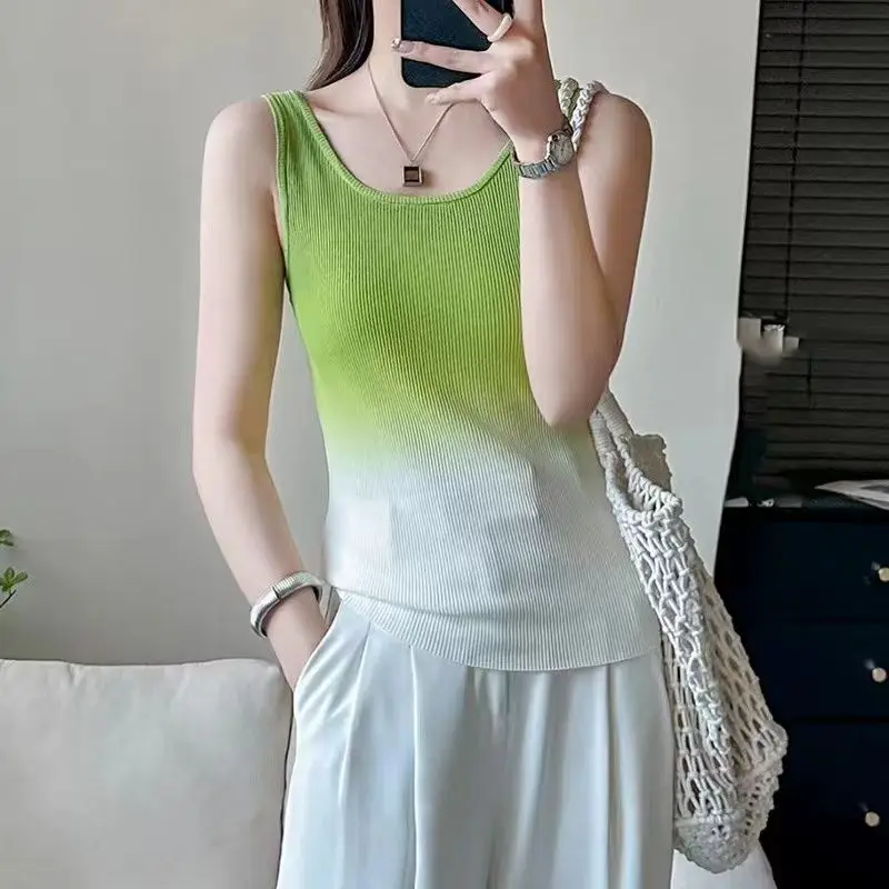 Women's Gradient Color Ribbed Knit Ice Silk Tank Top Summer Sleeveless Top