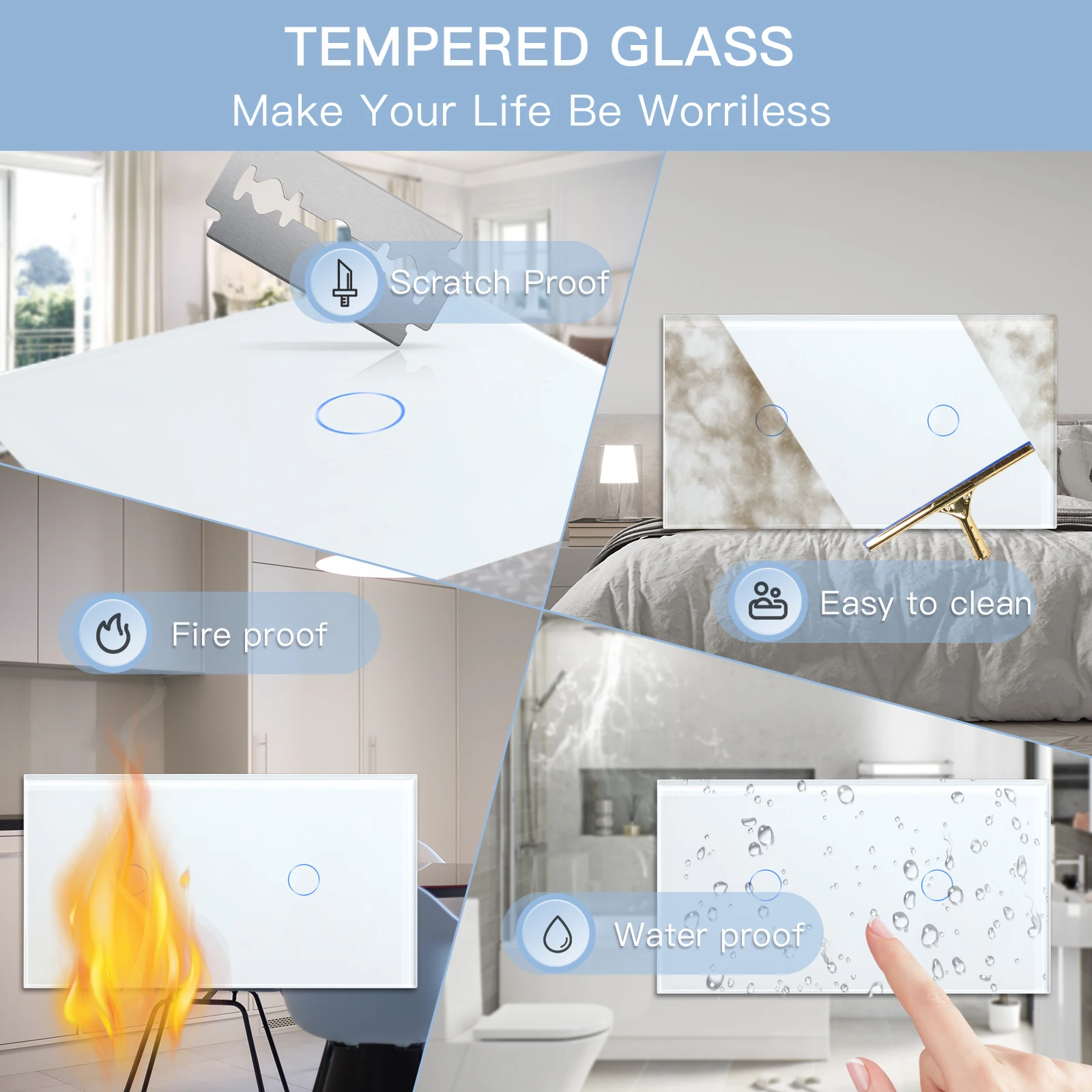 BSEED Wall Touch Switches LED Dimmer Switches 2Gang 1/2Way EU Standard Blue Backlight Crystal Panel 157mm 10A