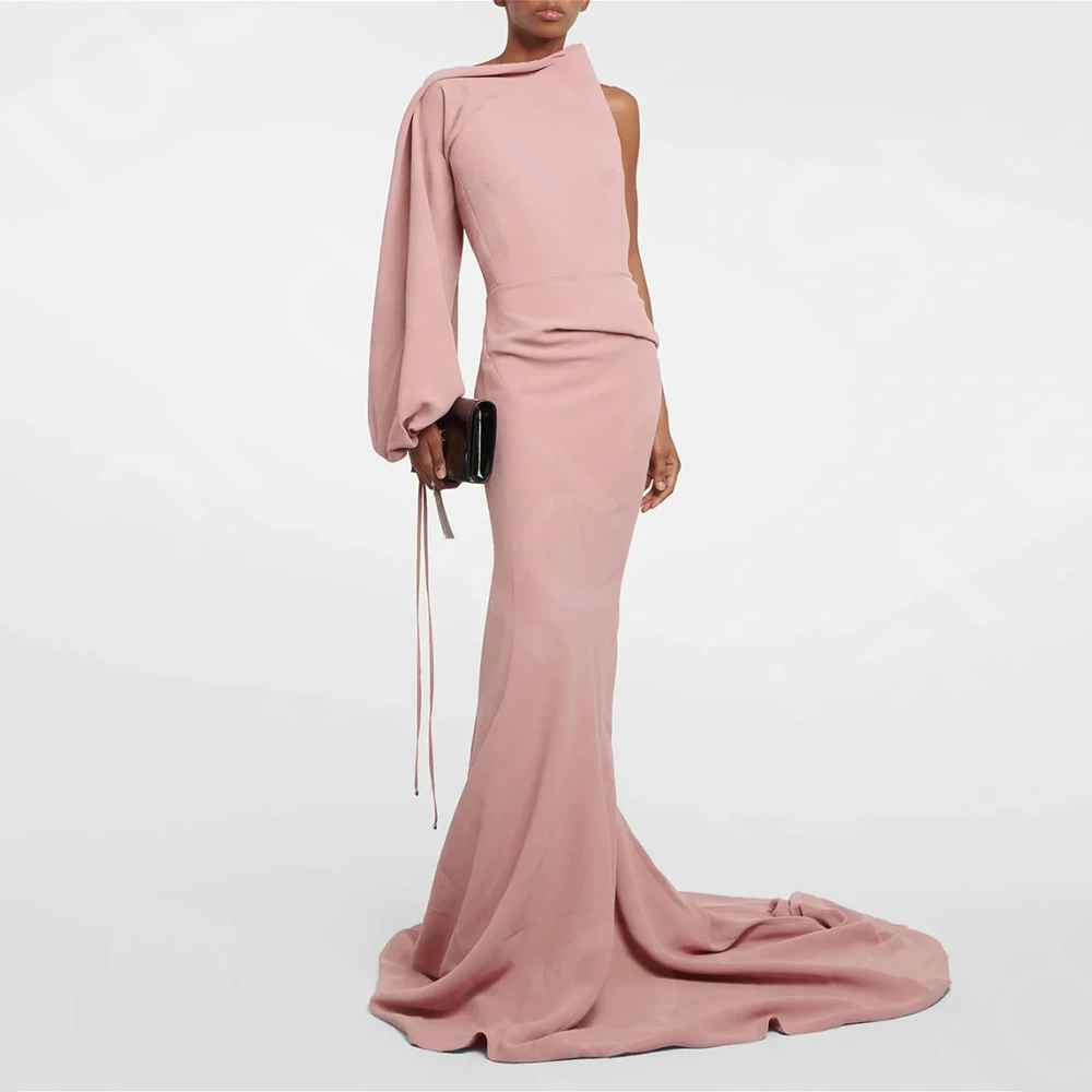 

Customized Elegant Evening Dresses Mermaid Dusty Pink Prom Gowns One Shoulder Long Sleeve Wedding Guest Dresses 2025 New Arrival