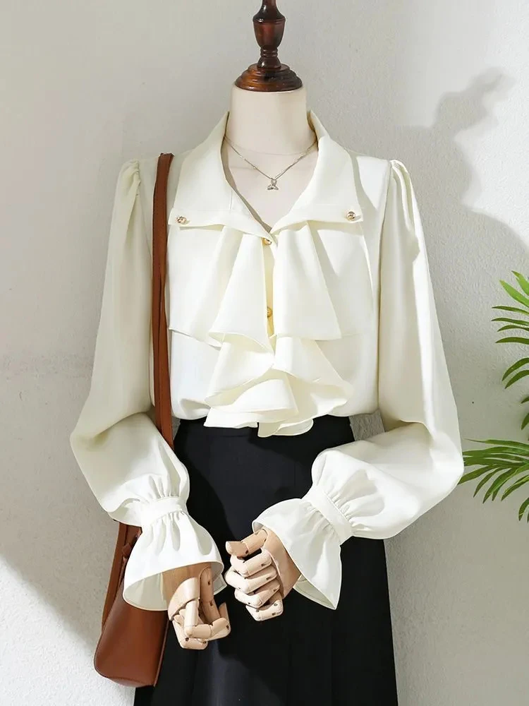 Eleganckie koszule damskie na jesień, szykowne bluzki z guzikami, falbankami, rozkloszowanymi rękawami, luźne, modne, morelowe, codzienne, do biura, delikatne topy.