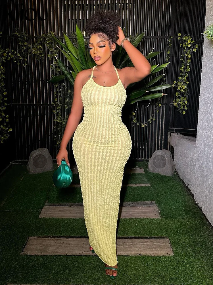 Kliou solide froncé Spaghetti sangle pansement Maxi robe femmes décontracté sans manches dos nu moulante dames fête Streetwear robes