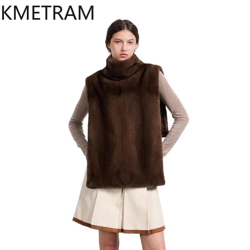 KMETRAM Natural Purple Label Grade Velvet Mink Fur Jacket Woman Old Money Style Stand Collar Shawl Vest 2025 Winter Clothes шуба