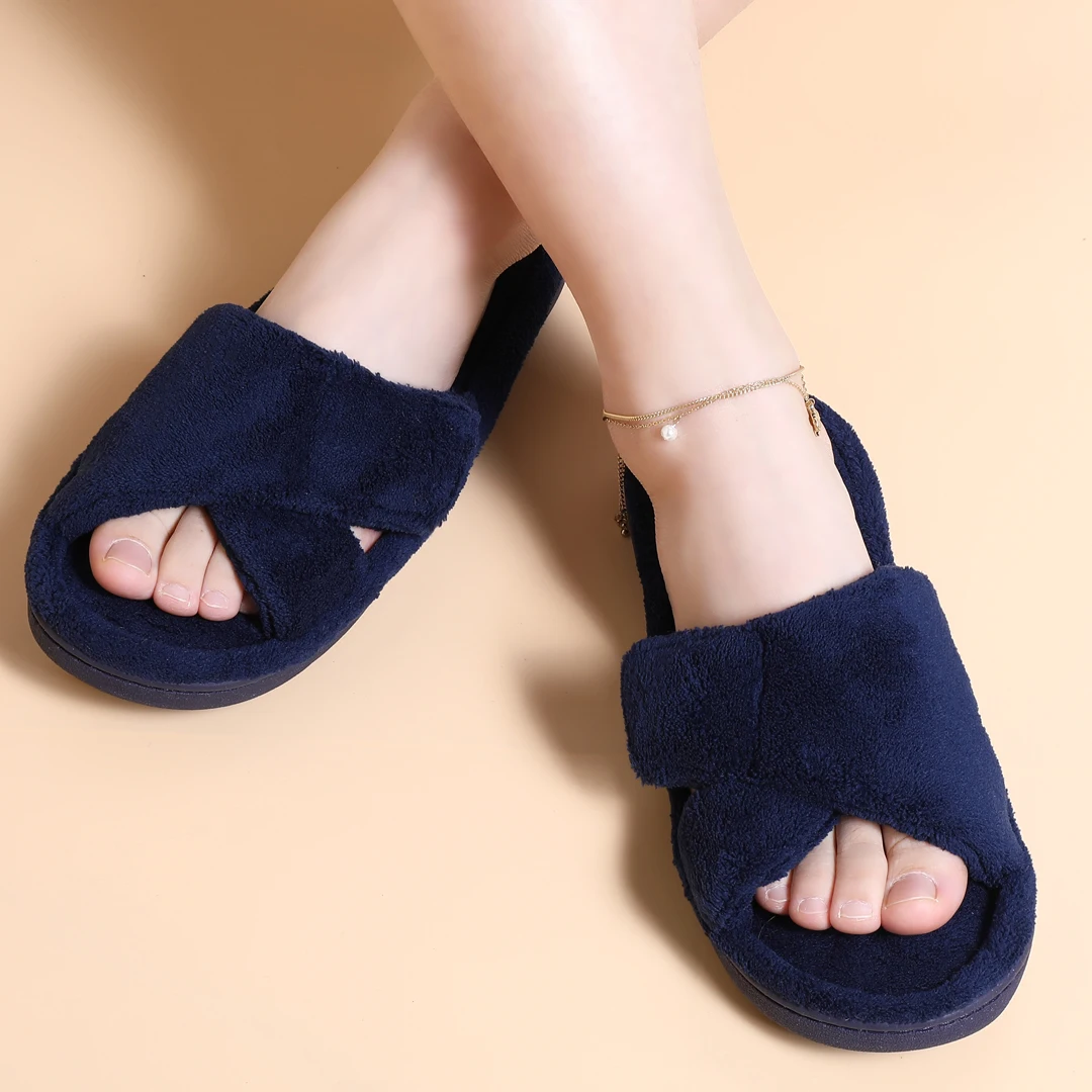 Comwarm Women Furry Slippers Soft Sloe Open Toe Memory Foam Non-slip House Plush Slippers Adjustable Terry Cloth Indoor Sandals