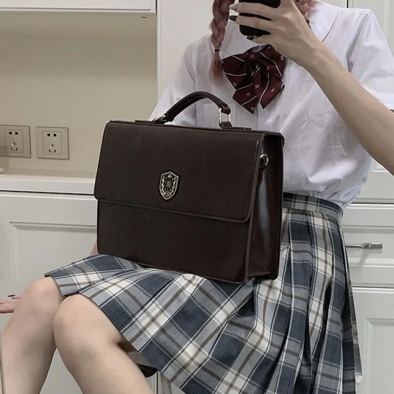 PU Brown Lolita Girls Japanese Handbags Transparent Pocket JK Uniform Student Messenger Bag Y2k Original Harajuku Square Itabags