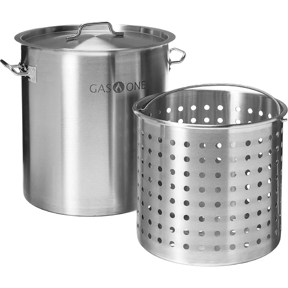 

GasOne Stainless Steel Stockpot with Basket – 53qt Stock Pot with Lid and Reinforced Bottom – Heavy-Duty Cooking Pot for Deep Fr