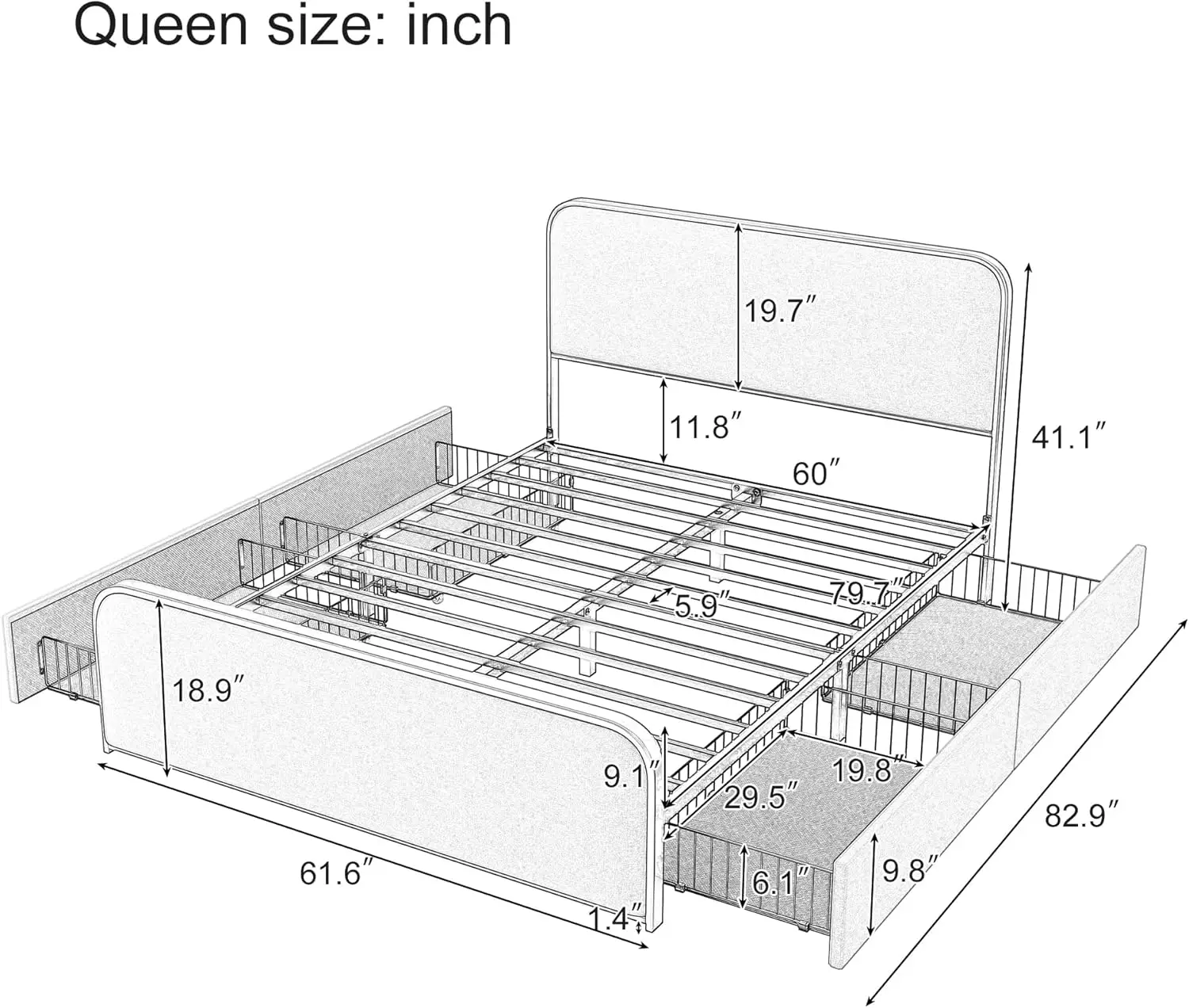 هيكل سرير معدني بحجم كوين من Merax مع لوح أمامي ومنجد منحني ولوح للقدمين، ومنصة حديثة للسرير و4 أدراج تخزين تحت #2