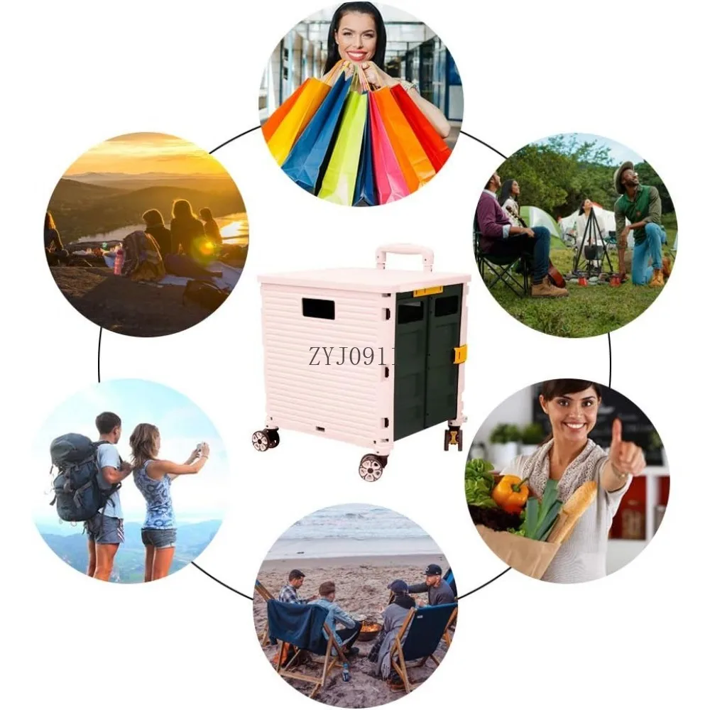 FELICON SELORSS Foldable Utility Cart Folding Portable Rolling Crate Handcart with Durable Heavy Duty Plastic Telescoping Handle