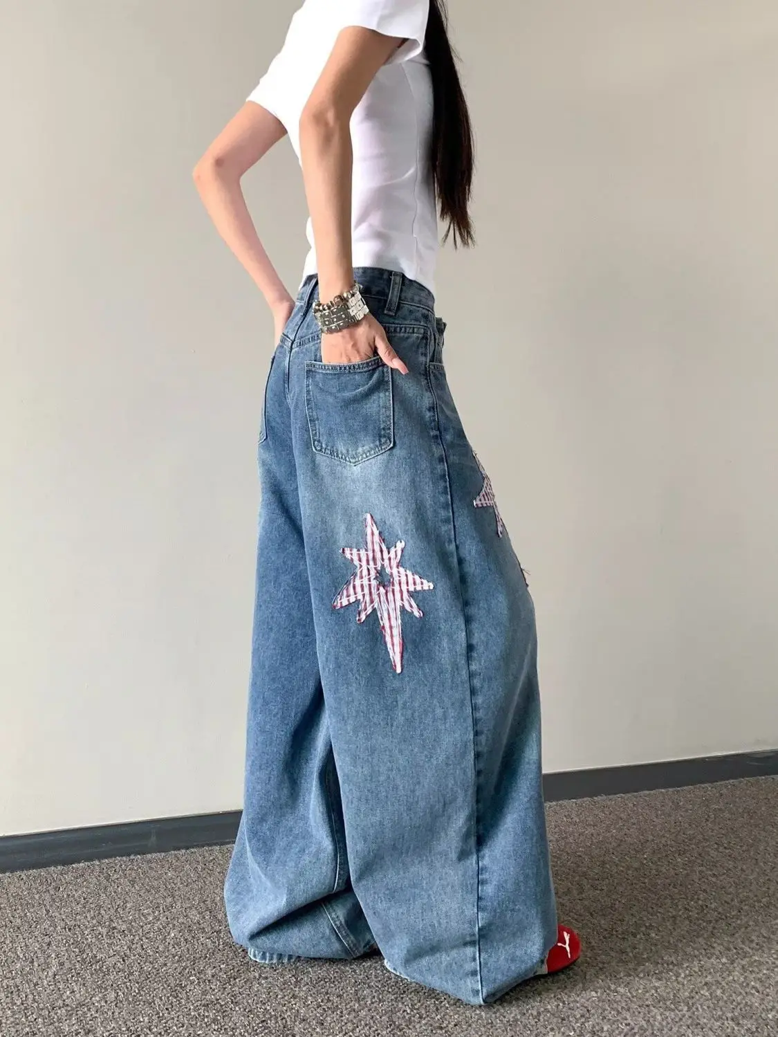 American Star Patch Scimitar Jeans Women's Summer High Waist Washed Loose Wide Leg Trousers