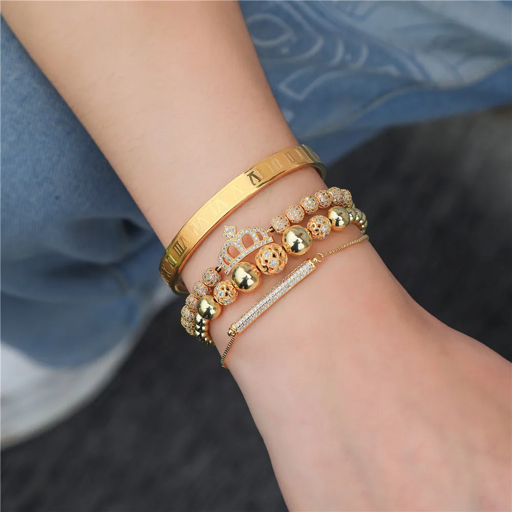 4PCS/Lot Retro Golden Black Bracelet Fashion Zircon Pave CZ Crown Ball Roman Numerals Bracelets For Women&Men Cassical Jewelry