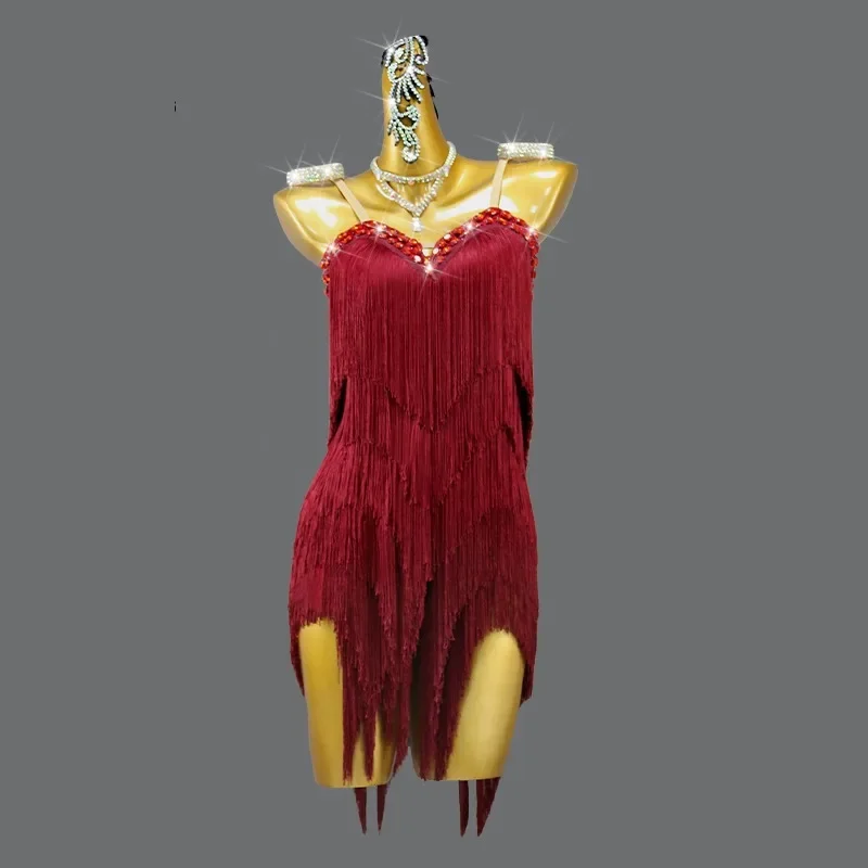 

2024 Woman's Red Latin Dance Suit Competition Clothing Ball Party Tassel Dress Practice Wear Prom Sport Costume Line Samba Skirt