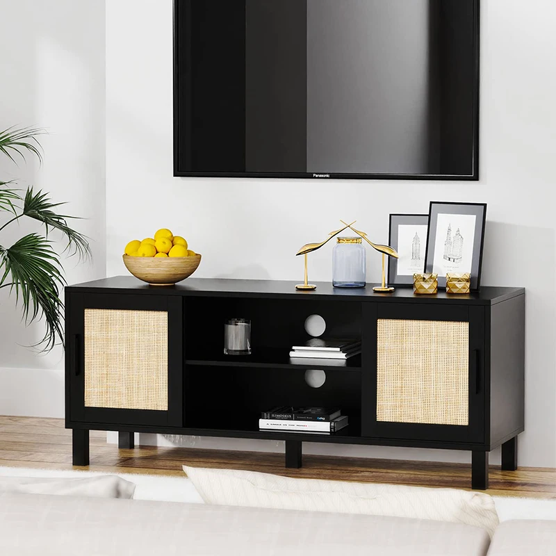 Modern Living Room Rattan Corner Media Cabinet Oak Wood Panel Entertainment TV Stand for Home or Hotel Use