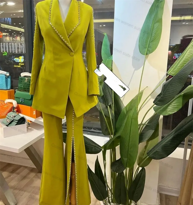 Lucury-traje de cristal para mujer, conjunto de Blazer y pantalón dividido, esmoquin de boda amarillo, vestido de graduación de 2 piezas, chaqueta Formal, abrigo de fiesta de graduación