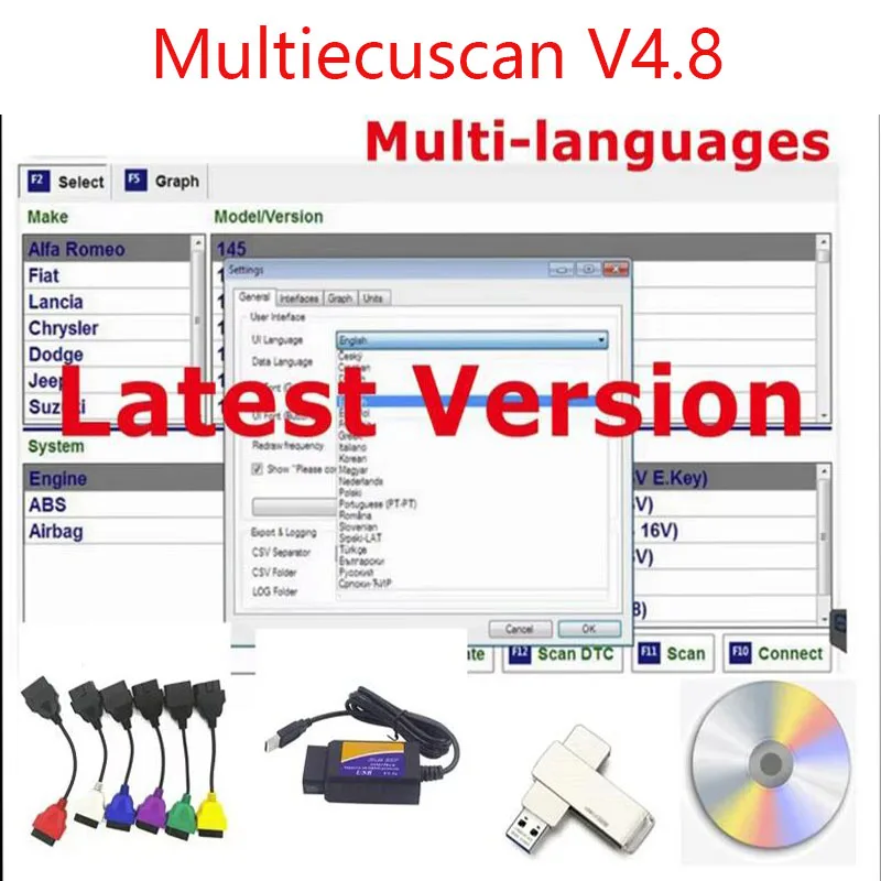 2024 hot New Multiecuscan V4.8 For Fiat/Chrysler/Dodge/Jeep/Suzuki Scanner Software 4.8+ ELM327+Flat adapter Registered Unlimite