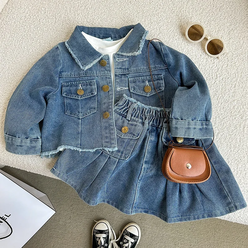 

Fashion Girls Clothes Sets 2025 Autumn Baby Kids Retro Lapel Long-sleeve Denim Jacket Pleated Skirt Suit for Children's Clothing