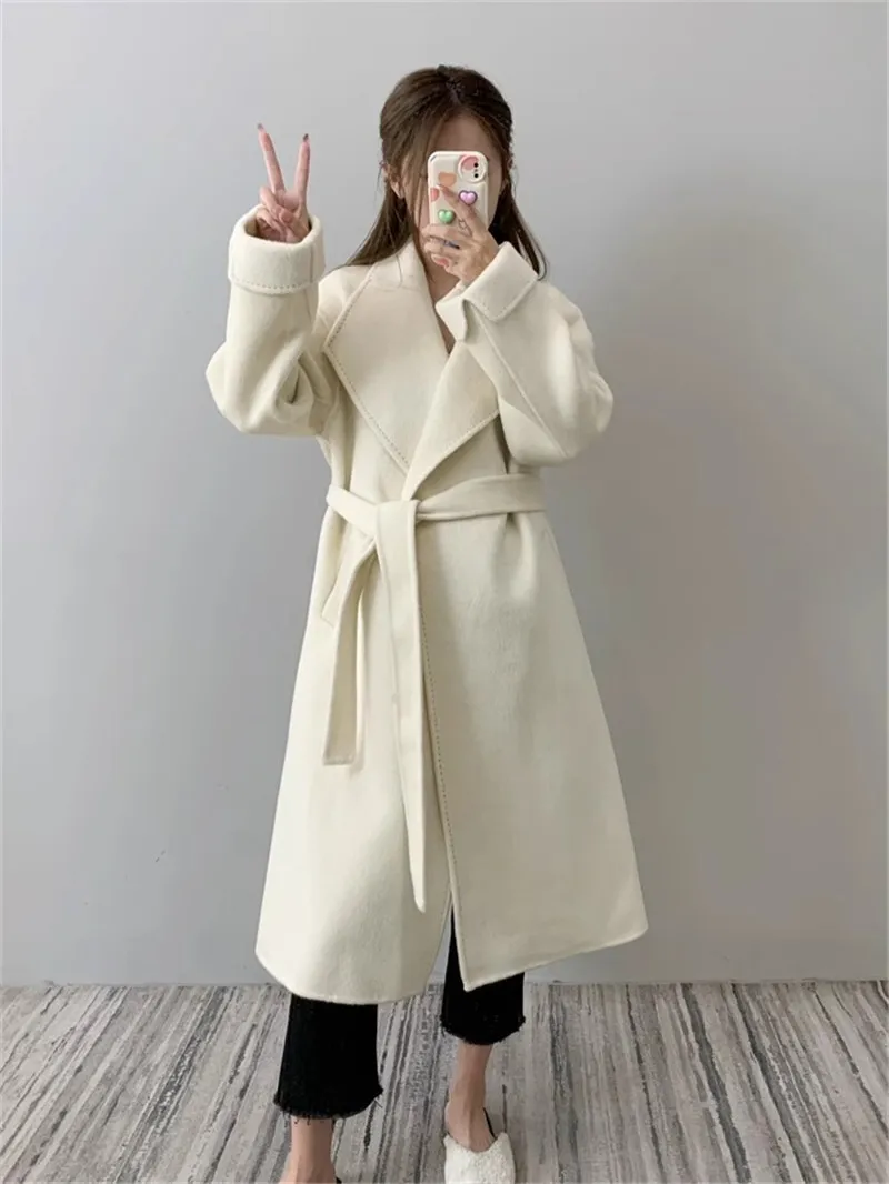 

Lapel double-sided cashmere woolen coats women belted mid length overcoat autumn winter new 2023 fashion women's clothing Y4643