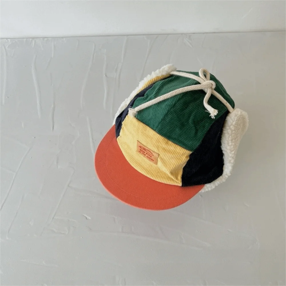 Cozy Warmth Patchwork Trapper Hat Lining Earflaps Warm Ski Hat Corduroy Thermal Winter Hat Outdoor Play