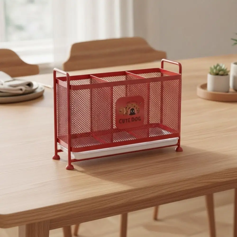 Carbon Steel Cutlery Drain Rack 3 Grid with Drip Tray Chopstick Storage Box Rectangular Well-ventilated Cutlery Holder