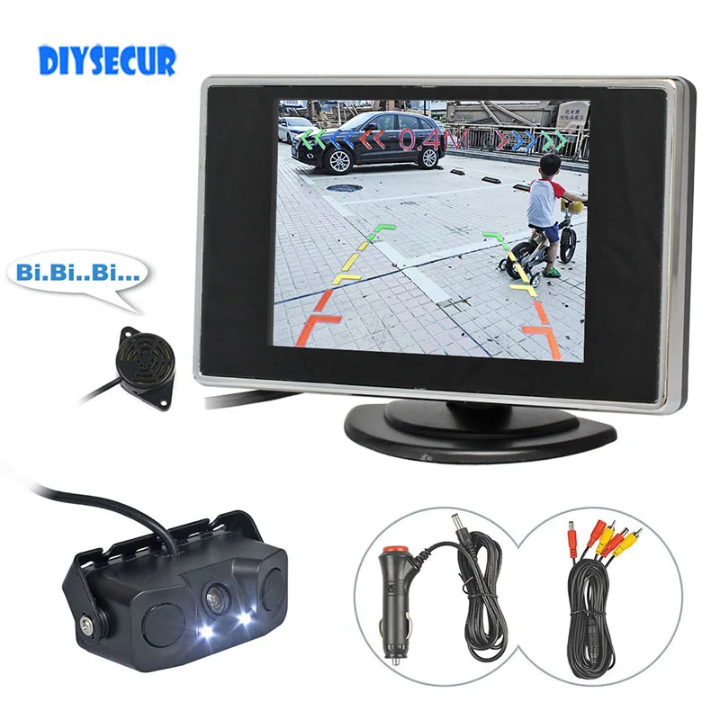 

DIYSECUR 3.5" TFT LCD Car Monitor +Waterproof Parking Radar Sensor Reversing Car Camera Parking Assistance System Glass Lens