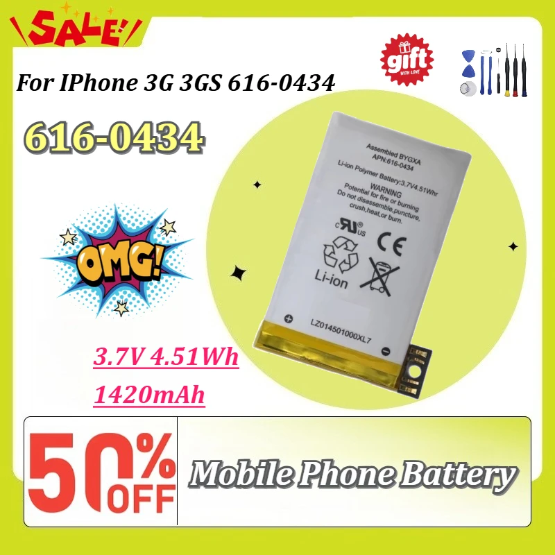 

New 3.7V 4.51Wh 1420mAh Mobile Phone Battery Replacement for IPhone 3G 3GS 616-0434 Rechargeable Battery With Free Tools