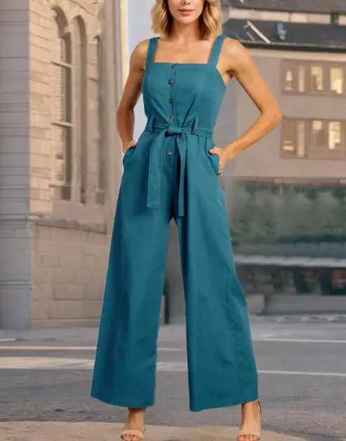 Tuta da donna nuova cintura alla moda da donna senza maniche cinturino con bottoni a vita alta con coulisse gamba larga ampia tuta da donna