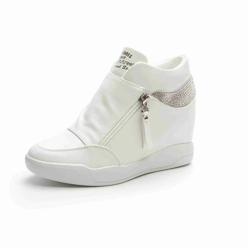 New High Top Women Sneakers Spring Autumn New Hidden Heel Casual Shoes Side Zip Women White Platform Wedge Rivet Shoes