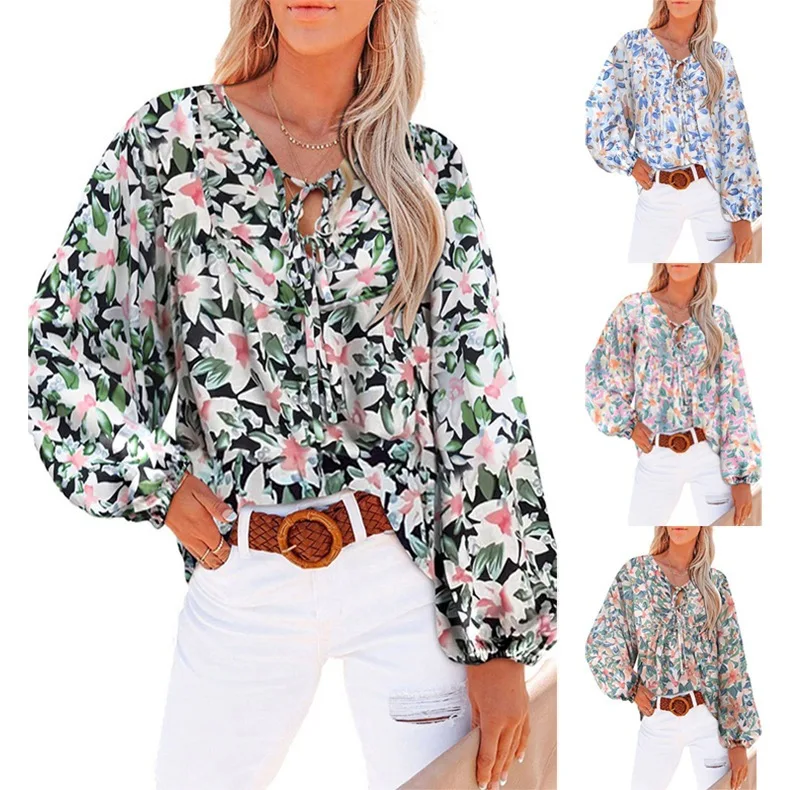 Dames Shirt Nieuwe Stijl Bloemenprint Shirt Met Veters V-Hals Casual Shirt Met Lange Mouwen En Street Shirt Voor Dames