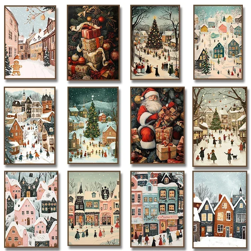 Niedlicher Weihnachtsbaum Dorf Retro Winter verschneite Poster und Drucke Leinwanddruck Wandkunst Bild für Wohnzimmer Home Decor