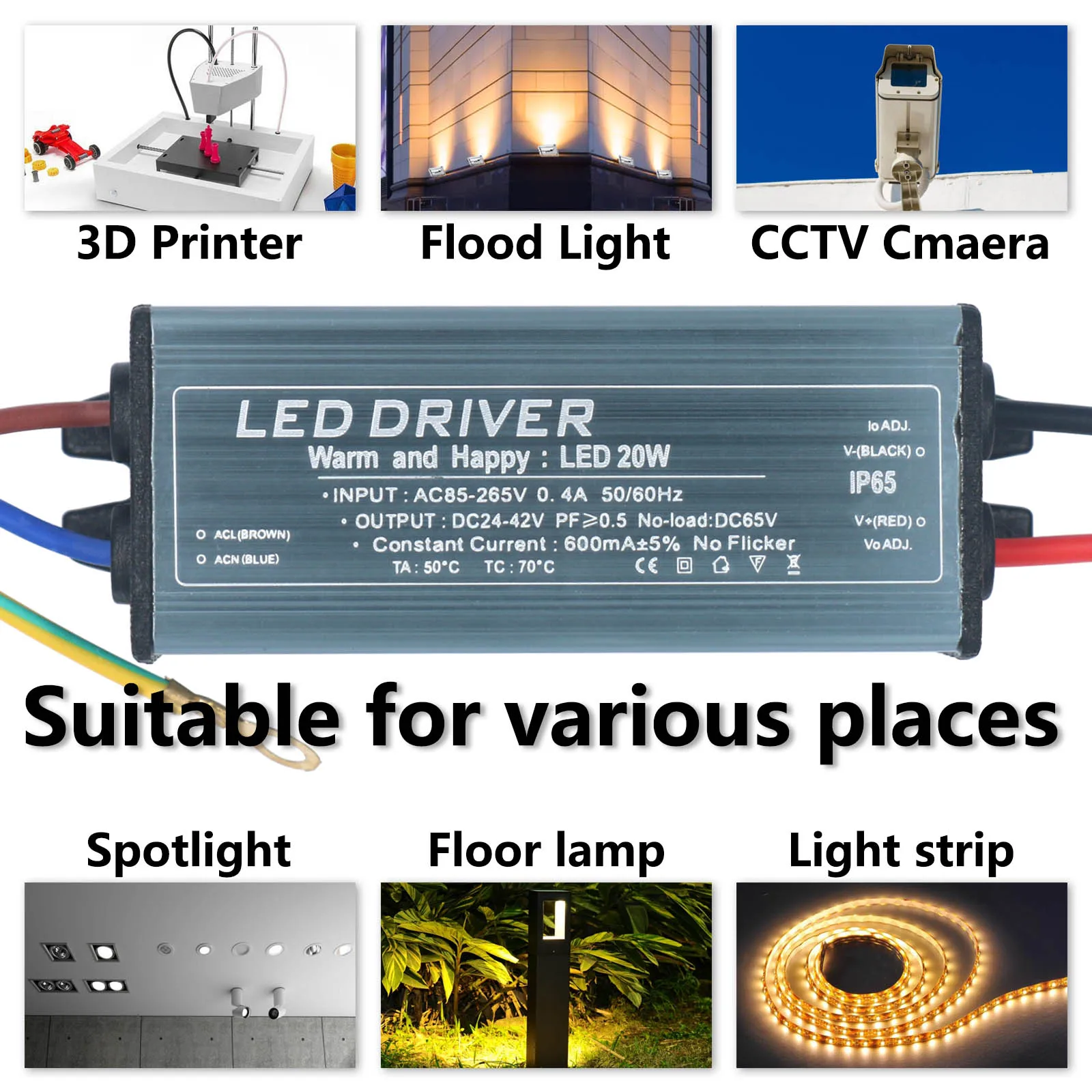 Fuente de alimentación de DC24-42V de voltaje constante, transformadores de iluminación de AC85-265V, controlador LED impermeable sin parpadeo, 5W,