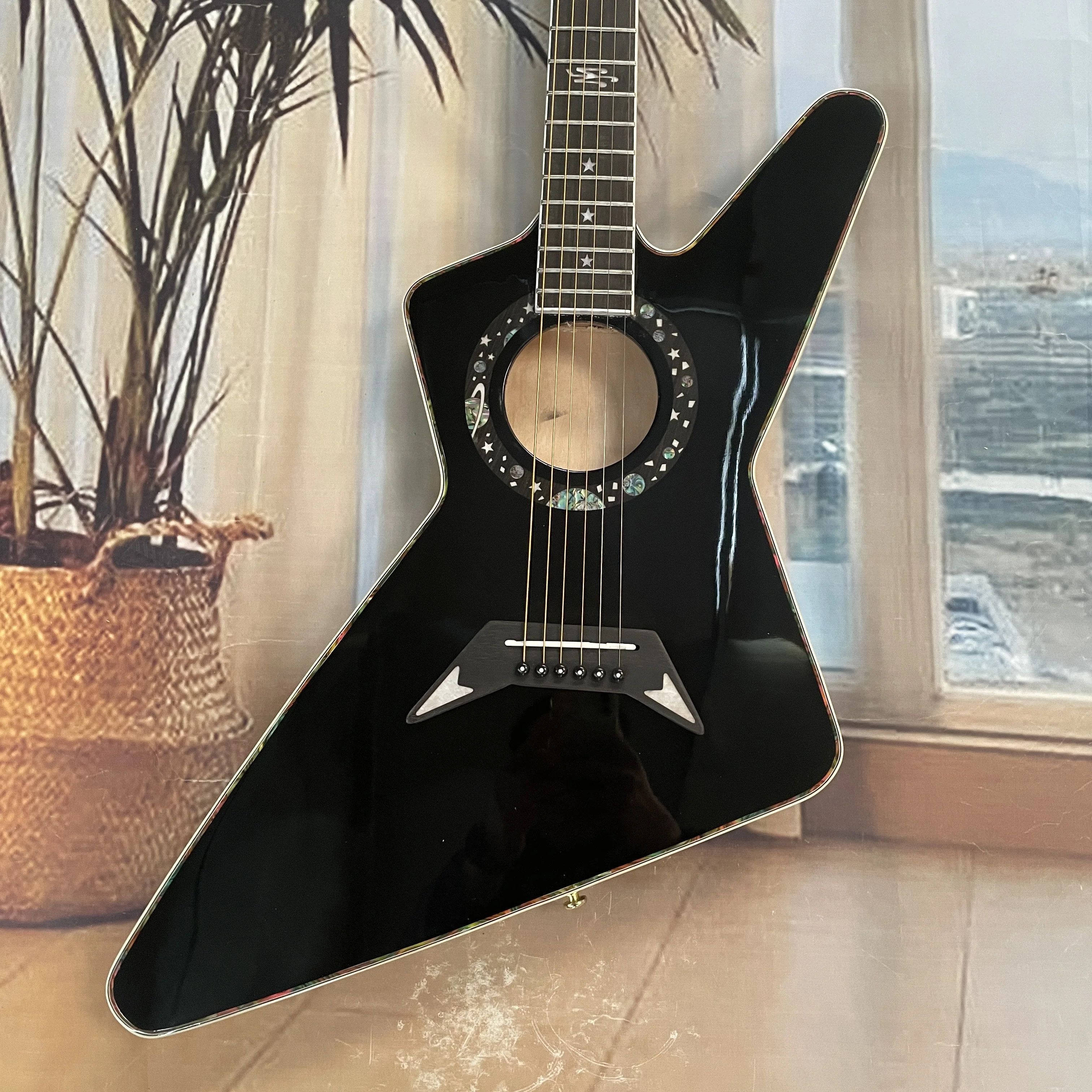 Black 6-string folk guitar with star-shaped fret markers, lightweight body guitars, high cost-performance for beginners guitarra