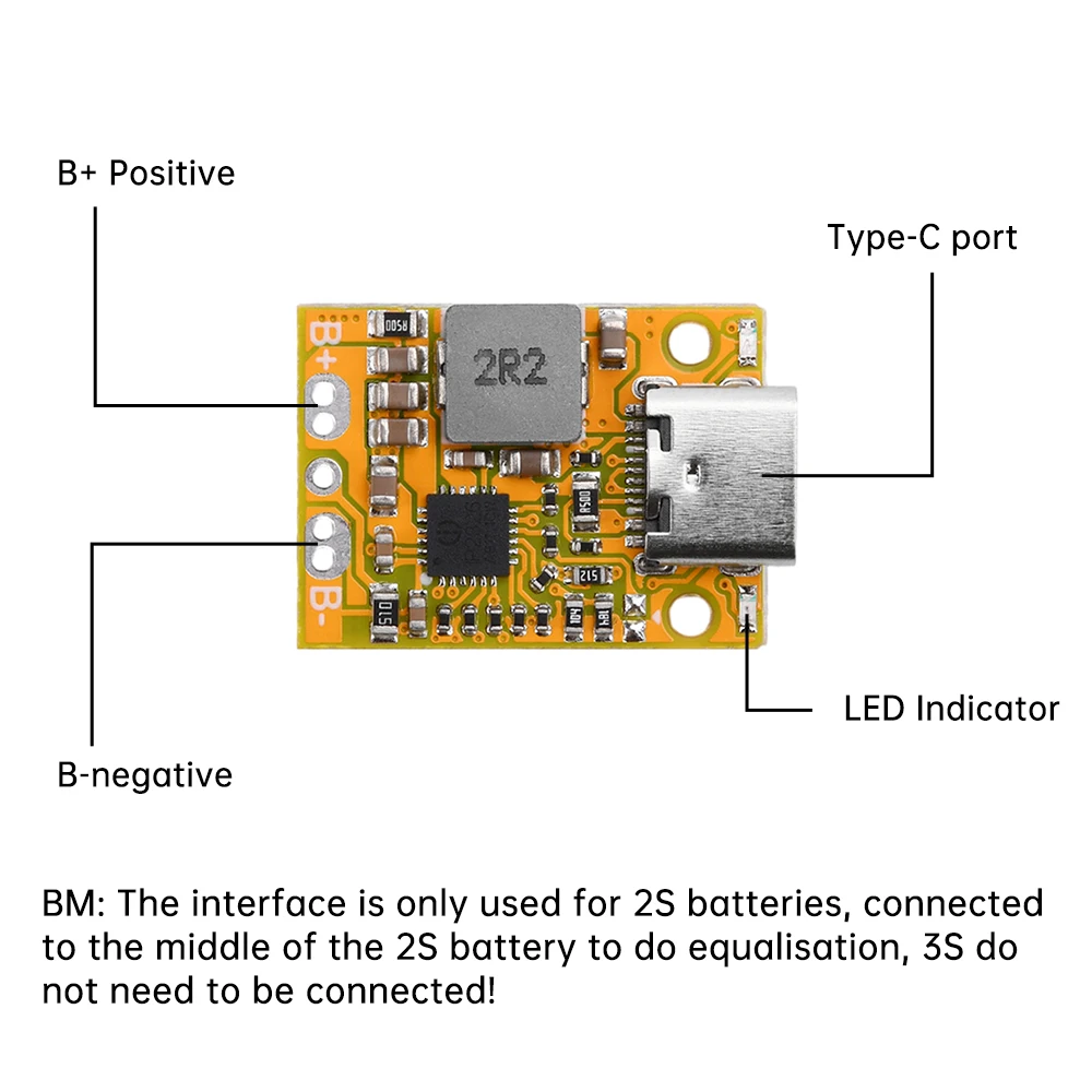 2/3S 3.7V Lithium Battery Charging Protection Board Type-C Interface Support QC Fast Charging with Charging Indicator Light