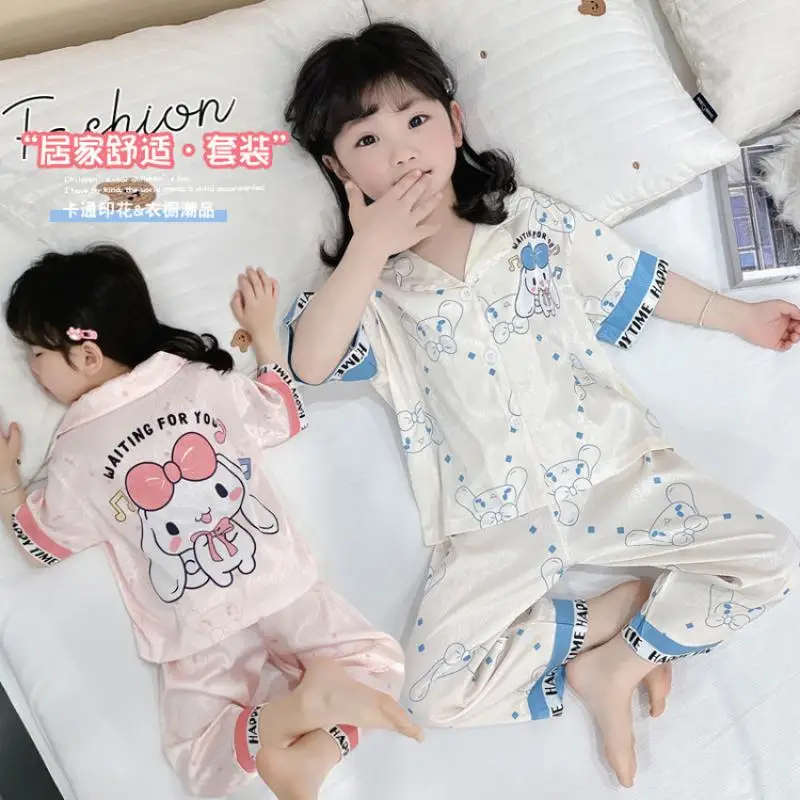

Hello Kittys Child Pajamas Sanrios Summer Ice Silk Short Sleeve Shorts Girl Thin Loungewear Kawaii Cartoon Children's Clothing
