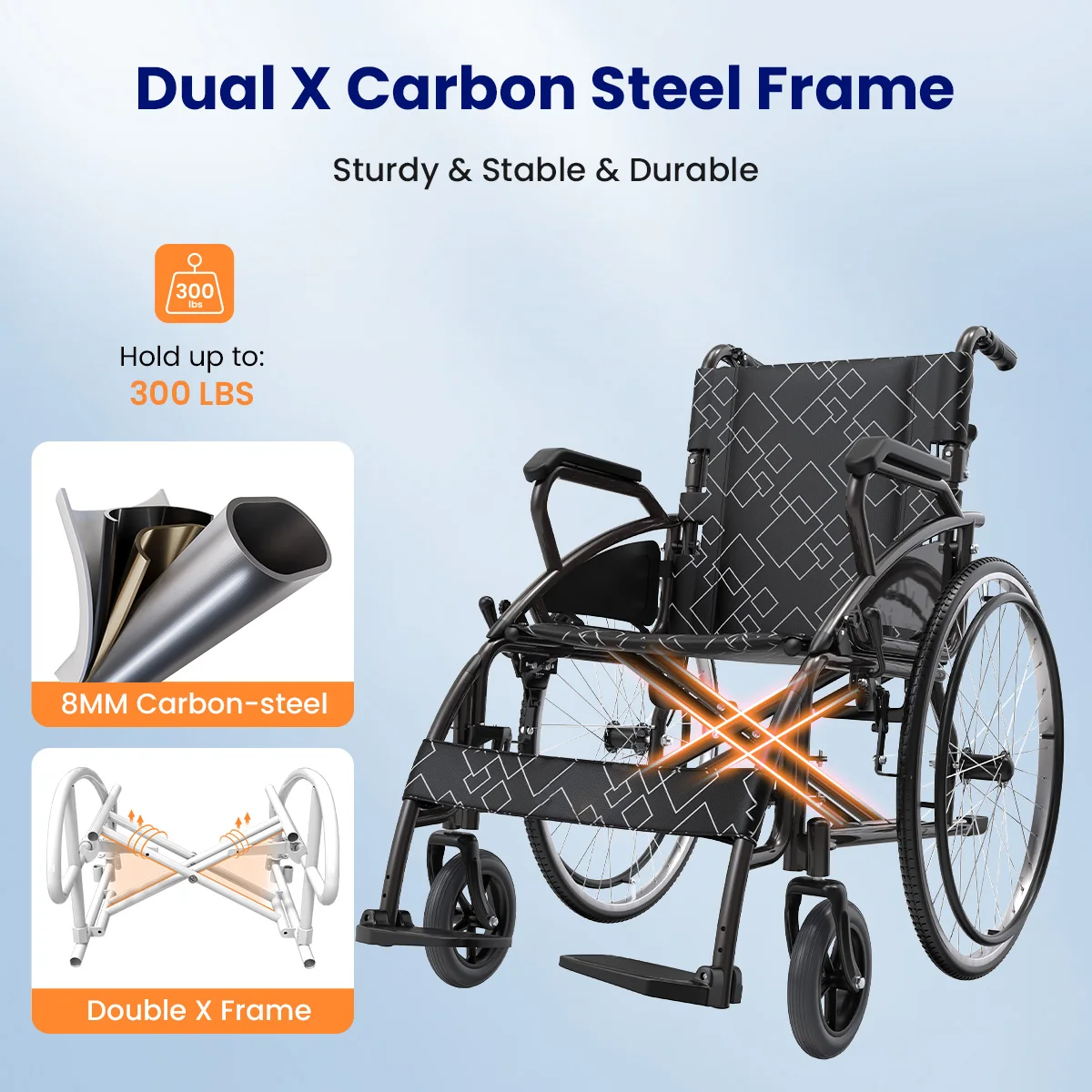Transport Wheelchair, Portable and Folding, with Adjustable Folding Armrests