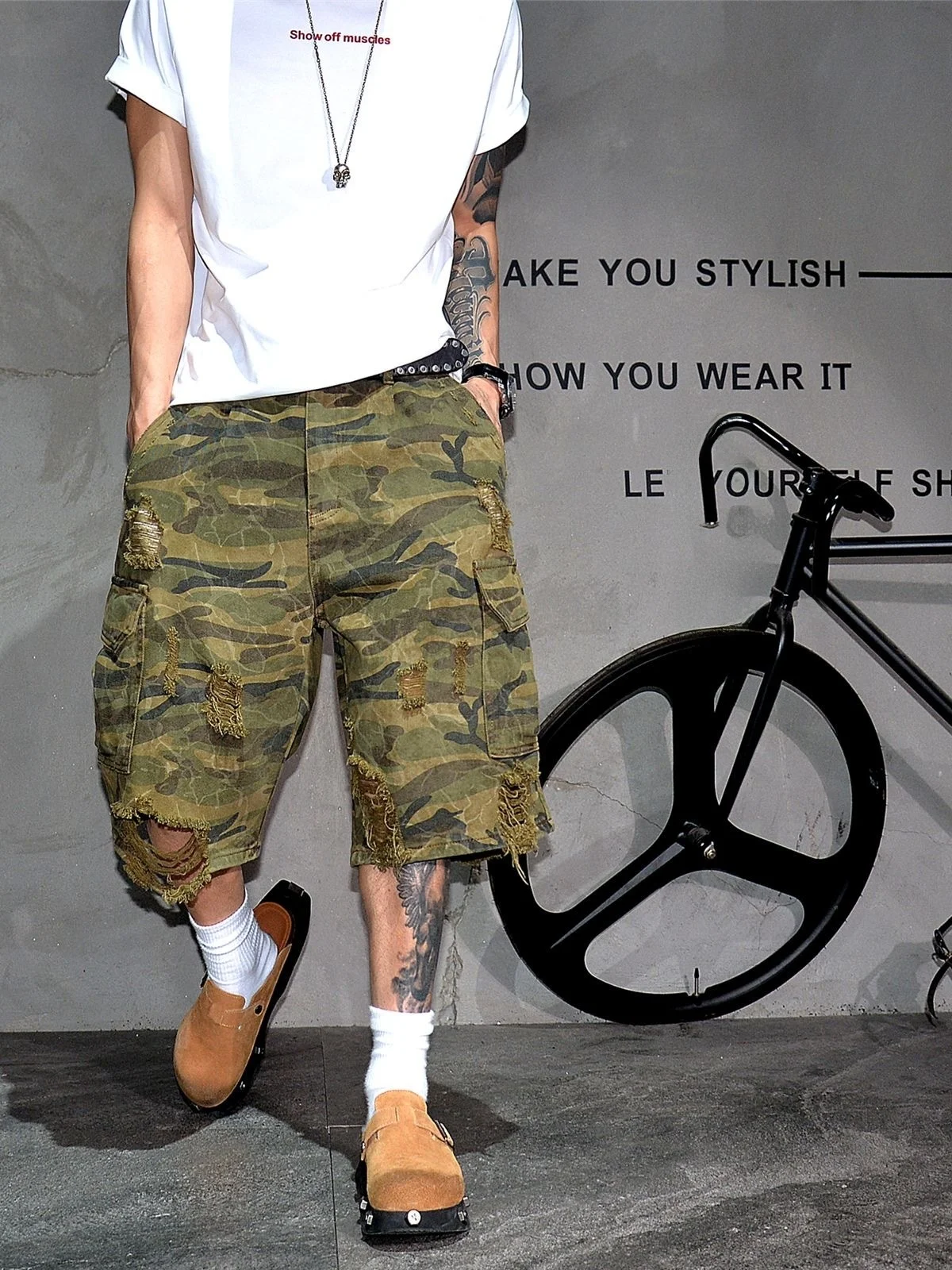 American Retro Camouflage Workwear Shorts Men's Trendy Casual Denim Five-Point Pants Handsome Wide Leg Medium Pants