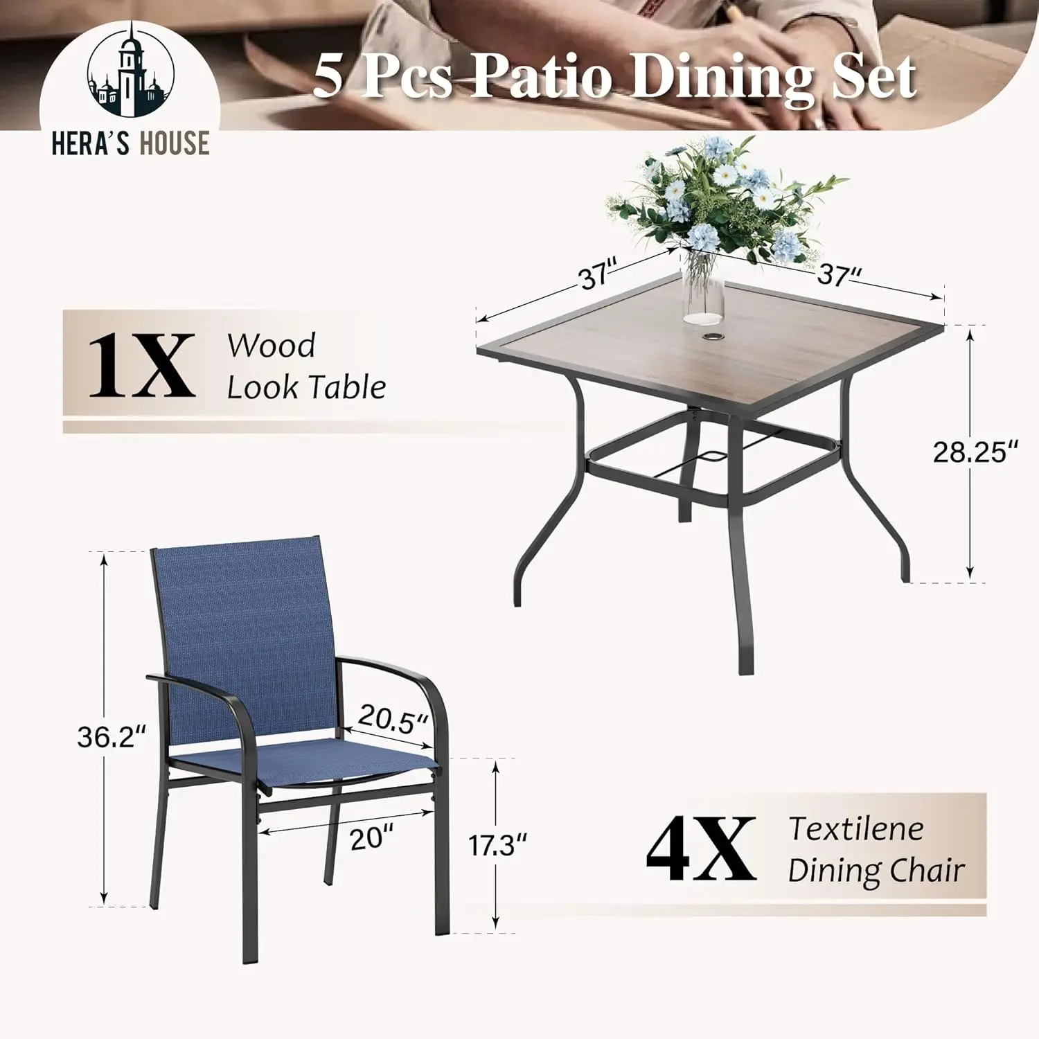 Outdoor Pátio Mesa e Cadeiras Set, 4 x Textilene Dining Chair, Square Wood Look Mesa de Jantar, 37 ", 5 Pcs