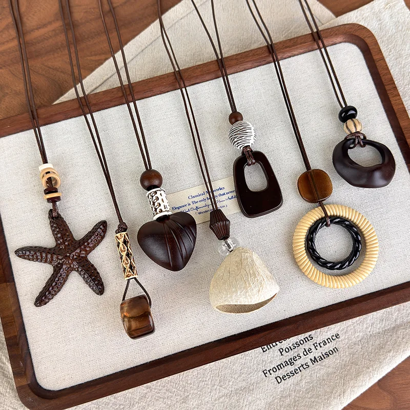 Trendy Vintage Brown Sea Star Wooden Geometric Pendant Necklaces For Women Long Adjustable Rope Sweater Chain Boho Neck Jewelry - view 2