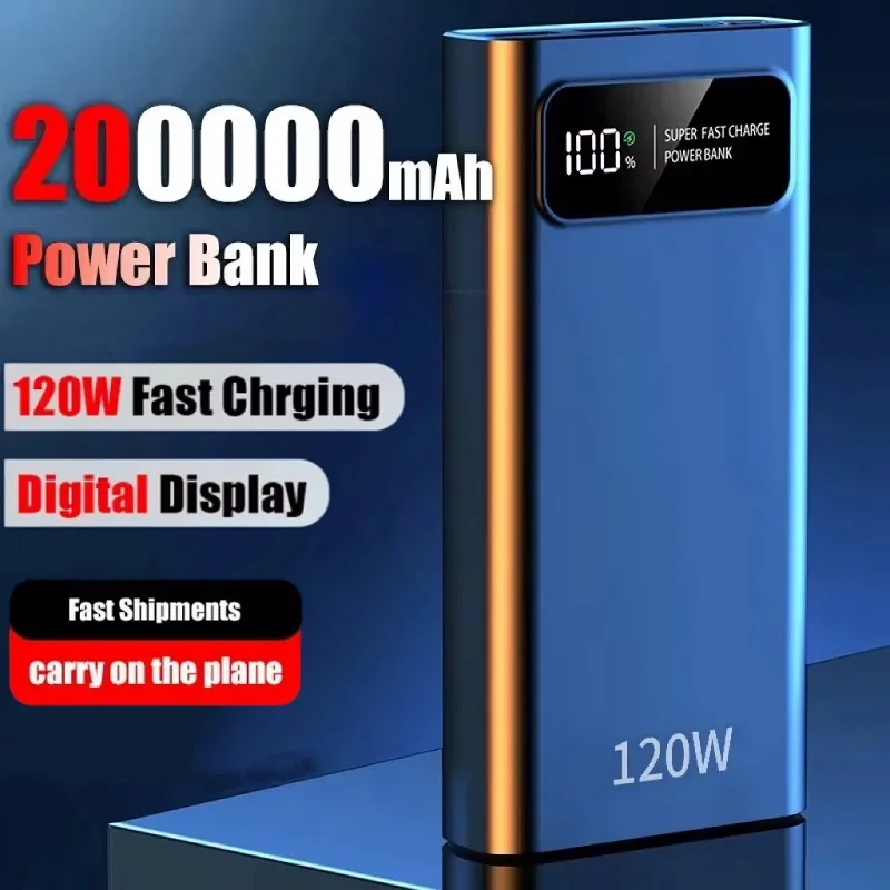 200000mAh przenośny Power Bank 120W Super szybkie ładowanie baterii o dużej pojemności cyfrowy wyświetlacz Power Bank dla iPhone Samsung 2024