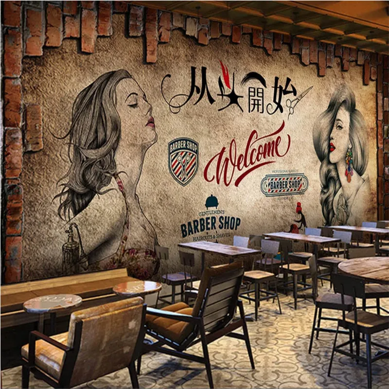 

Custom Text Logo Retro Industrial Style Beauty Salon Hair Salon Brick Background Wall Paper Barber Shop Decor Mural Wallpaper 3D