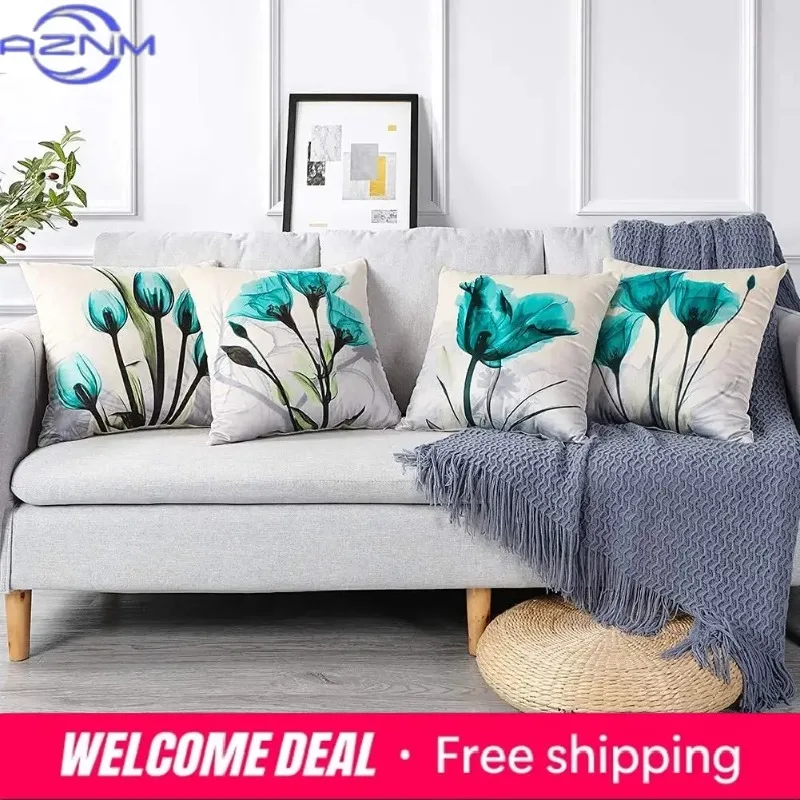 Cyan Watercolor Flower Linen Cushion Cover Upholstery, Pillowcase Home Decor, For Sofa, Car, Bedroom 40x40 45x45 50x50 60x60